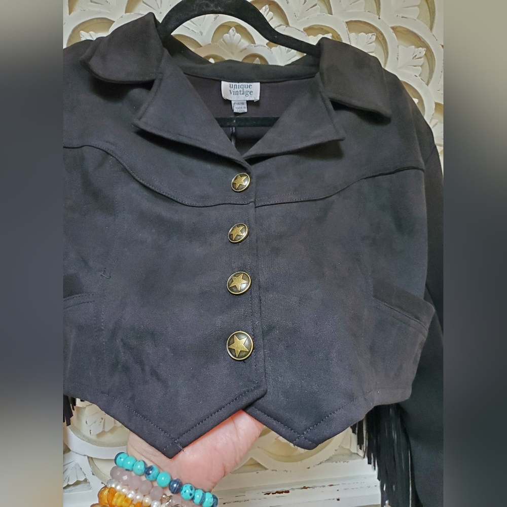 NWT Unique Vintage Black Faux Suede Tassle Fringe Cropped Jacket 1X / 16 - Picture 3 of 16